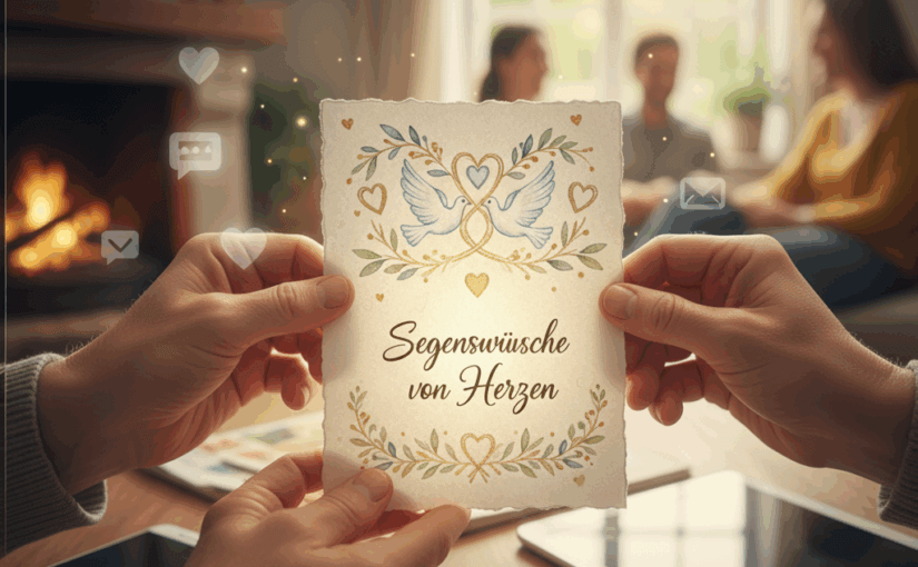 Segenswünsche von Herzen kostenlos teilen verschicken verschenken privat gefühlvoll | Hand hält Grußkarte mit Tauben und Spruch