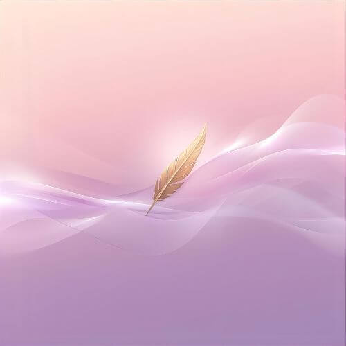Ein ruhiger, lichtvoller Hintergrund mit viel Weißraum. Ein feiner Windfaden zieht sich wie eine poetische Linie durch das Bild. Zarte Symbole – eine Feder und ein Lichtkreis – ergänzen die Szene. Die Farbwelt in Pastellrosé, Silbergrau und sanftem Blau schafft eine Atmosphäre von Ruhe und lyrischer Tiefe.“