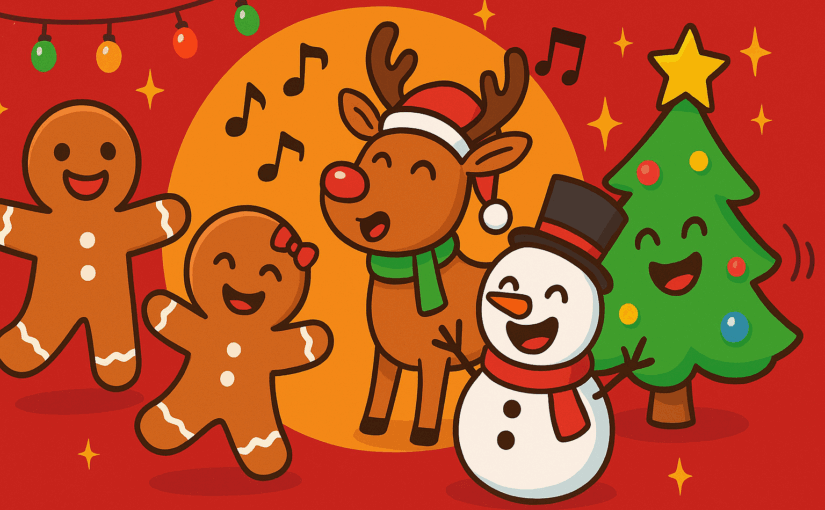 Tanzende Lebkuchen, singendes Rentier, lachender Schneemann und wackelnde Tanne – fröhlicher Weihnachtscomic für Kinder