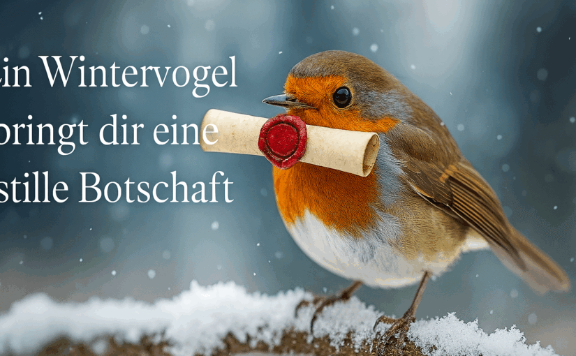 "Rotkehlchen mit Botschaft auf verschneitem Zweig – Adventsstimmung, Winterpoesie und stille Symbolik“