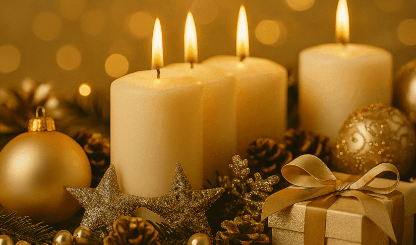 „Elegantes Adventsarrangement mit goldenen Kugeln, Kerzen und Tannenzweigen in Champagnerfarben – festlich und stimmungsvoll“