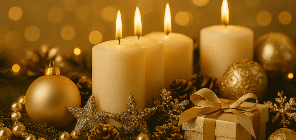 „Elegantes Adventsarrangement mit goldenen Kugeln, Kerzen und Tannenzweigen in Champagnerfarben – festlich und stimmungsvoll“