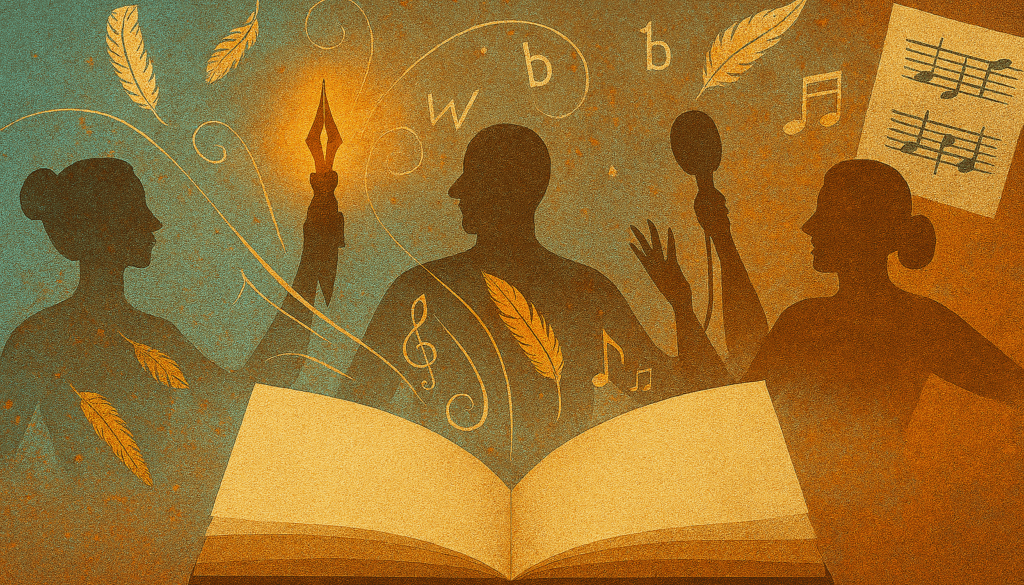 Poetisches Bannerbild mit drei Silhouetten: eine Frau mit Pinsel, ein Mann mit leuchtender Feder, eine Frau mit Mikrofon und Notenblatt. Aus einem offenen Buch steigen goldene Linien, Federn, Buchstaben und Musiknoten auf. Hintergrund in zarten Blau- und Goldtönen.