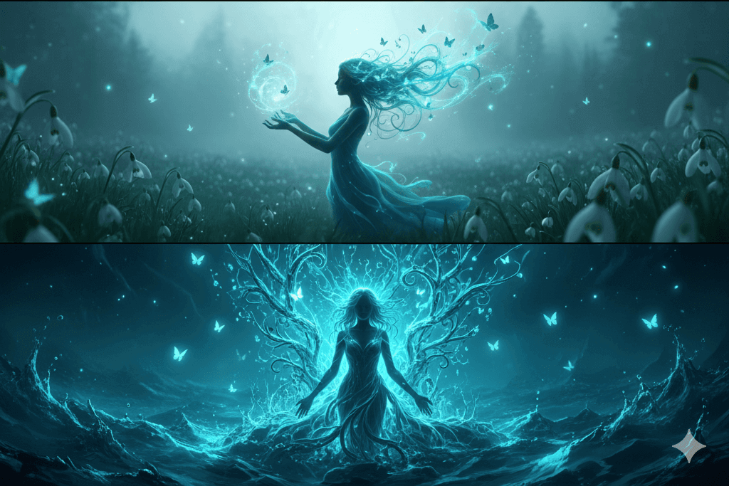 Dunkle, weibliche Silhouette, die aus einem leuchtend aquamarinblauen Strudel aus Wasser und Schmetterlingen aufsteigt. (Ausschreibung Frühling Literatur)