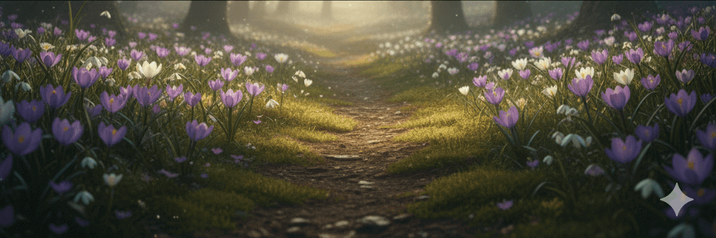 Waldweg mit Krokussen zur Ausschreibung von autoren im Team