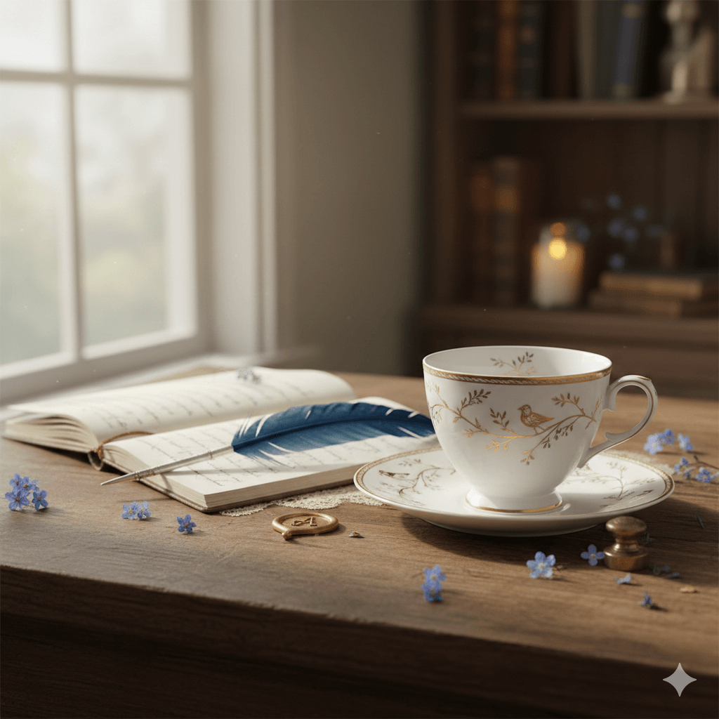 Elegantes Stilleben: Weiße Porzellantasse mit goldenen Verzierungen und eine blaue Schreibfeder liegen auf einem aufgeschlagenen Gedichtband. Im Hintergrund ist ein Fenster und ein Bücherregal zu erkennen.