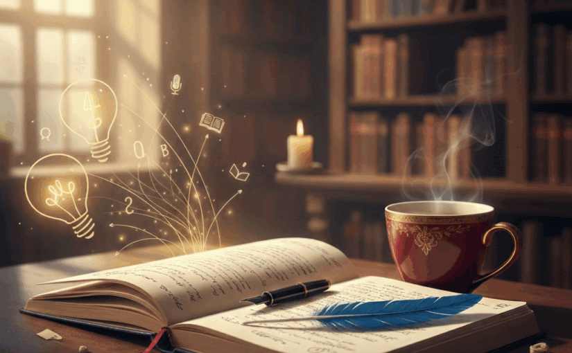 Elegantes Stillleben: Eine dunkle Holzoberfläche mit aufgeschlagenem Notizbuch, Schreibfeder, goldenem Siegel und einer Kaffeetasse in den Farben Weiß und Bordeauxrot.