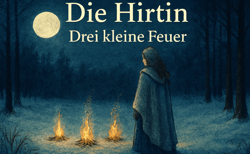 Illustration einer Hirtin mit silbernem Mantel in einer verschneiten Waldlichtung. Drei kleine Feuer brennen auf dem Boden, während der Vollmond die Szene in sanftes Licht taucht. Die Atmosphäre ist ruhig, poetisch und winterlich.