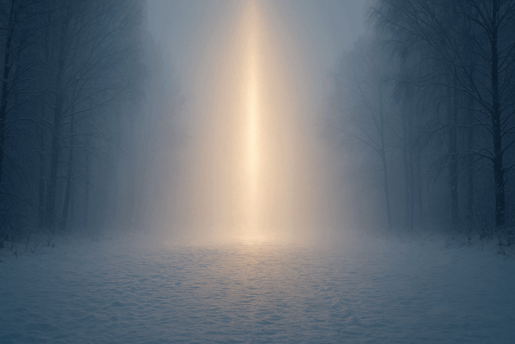 Winterliche Landschaft mit Nebel und einem vertikalen Lichtspalt als Symbol für Neuanfang und Stille.