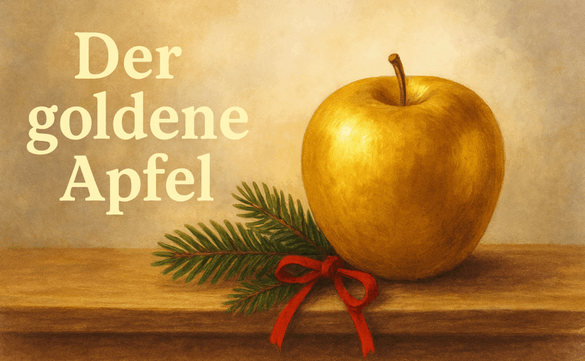 Goldener Apfel auf Holz mit Tannenzweig und rotem Band, festlich beleuchtet – Symbol für Wert und Mythos.