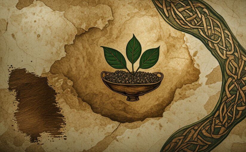 „Illustration mit goldener Schale, aus der drei grüne Blätter wachsen, auf pergamentfarbenem Hintergrund mit keltischem Muster.