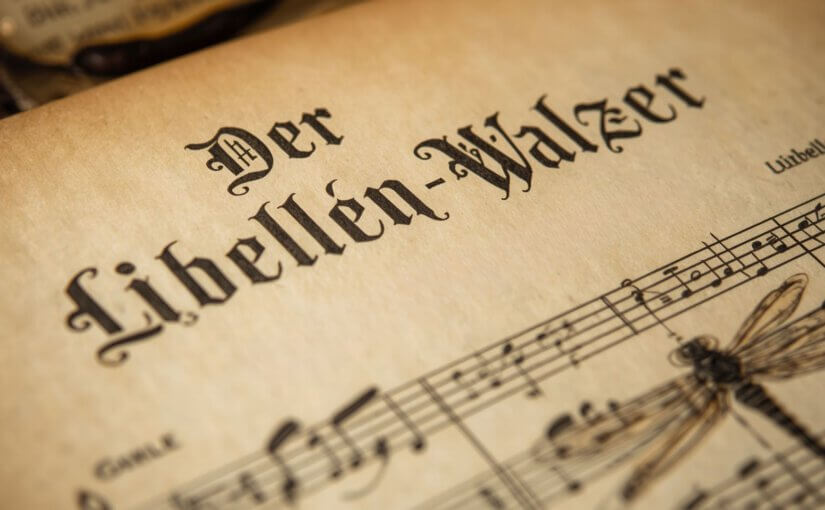 Altes Notenblatt mit dem Titel „Der Libellen‑Walzer“ in gotischer Schrift und einer gezeichneten Libelle.