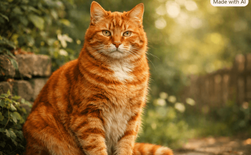 Roter Kater Charly sitzt im Garten, sein Fell leuchtet im warmen Sonnenlicht. Eine Szene aus der wahren Tiergeschichte im Erzählkosmos von Autoren im Team.