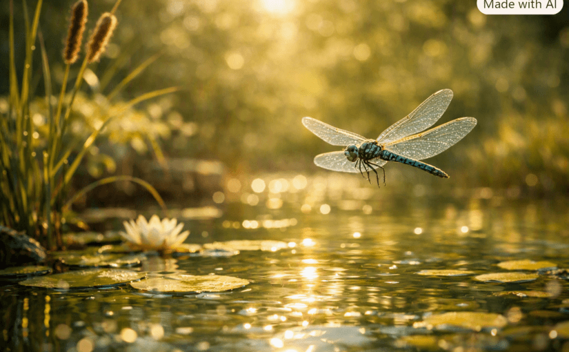 Zarte Libelle mit transparenten Flügeln schwebt über einem sonnenbeschienenen Teich mit Wasserpflanzen. Ein poetisches Motiv zum Libellen‑Walzer aus dem Erzählkosmos von Autoren im Team.