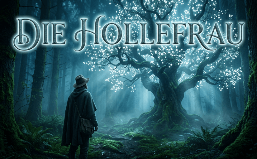 Person mit Hut steht in einem nebligen Wald vor einem leuchtenden Holunderbaum mit weißen Blüten – Schriftzug „Die Hollefrau“.