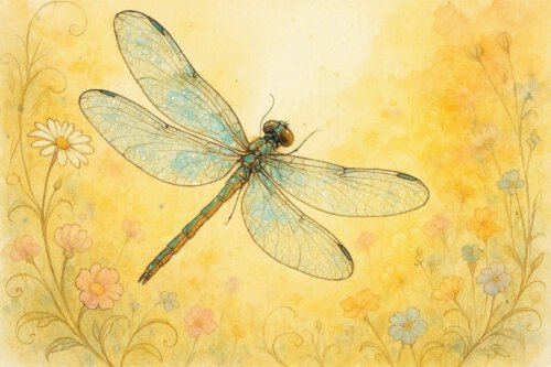 Zarte Aquarellzeichnung einer Libelle mit transparenten blauen Flügeln über sommerlich gelbem Hintergrund mit feinen Blumen.
