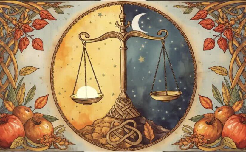 Symbolische Illustration einer Waage, die Sonne und Mond im Gleichgewicht zeigt – Tag und Nacht halten sich die Waage. Umrahmt von keltischen Mustern, Äpfeln und Herbstblättern steht das Motiv für die Balance der Herbst‑Tagundnachtgleiche im Jahreskreis.