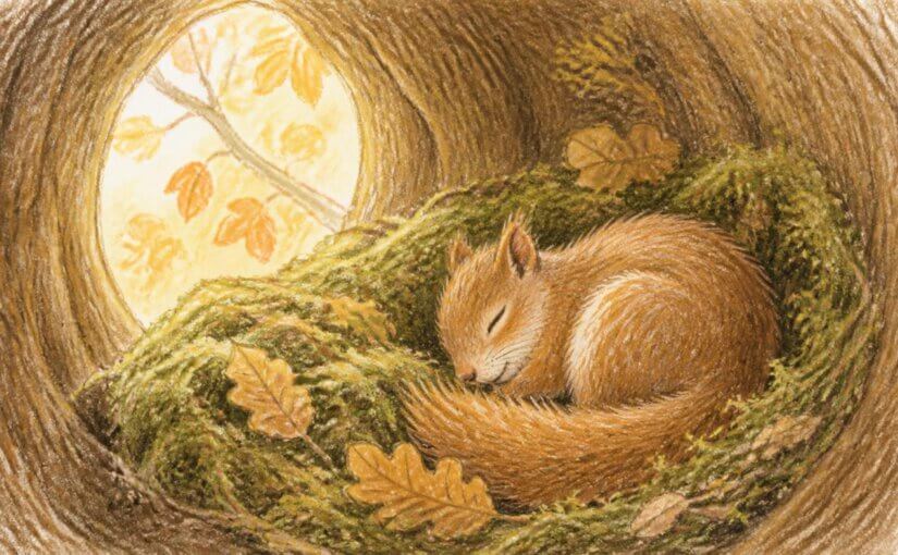 Ein rotbraunes Eichhörnchen schläft eingerollt in seinem mit Moos und Blättern ausgepolsterten Kobel, während durch die runde Öffnung des Baumstamms goldenes Herbstlicht fällt.