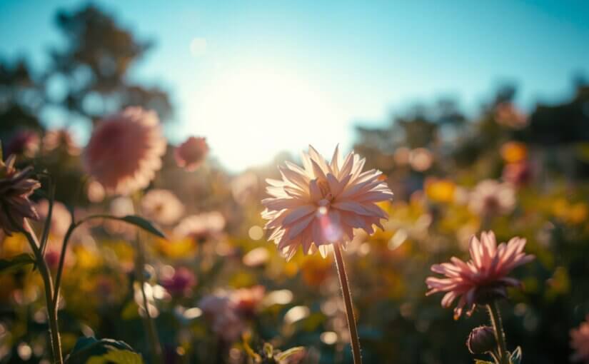 Nahaufnahme einer hellrosanen Blüte im warmen Spätsommerlicht, umgeben von weiteren Blumen in sanften Farben. Die Sonne steht tief und taucht die Szene in goldenes Leuchten.