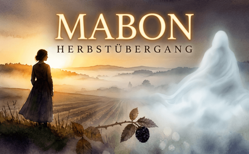Eine Frau steht auf einem Hügel und blickt in eine neblige Herbstlandschaft bei Sonnenaufgang. Neben ihr erscheint eine geisterhafte Gestalt aus Nebel, im Vordergrund eine Brombeere. Symbolisches Motiv für den Übergang zwischen Sommer und Herbst.