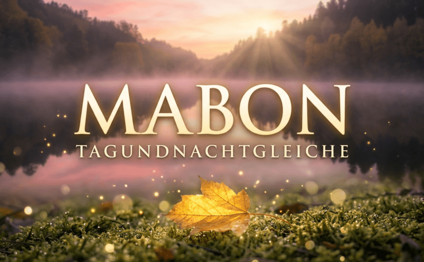 Ein einzelnes gelbes Herbstblatt liegt auf moosbedecktem Boden vor einem stillen See im Morgennebel. Im Hintergrund leuchtet die Sonne über herbstlich gefärbte Wälder. Das Motiv symbolisiert die Balance von Licht und Dunkel zur Herbst‑Tagundnachtgleiche.