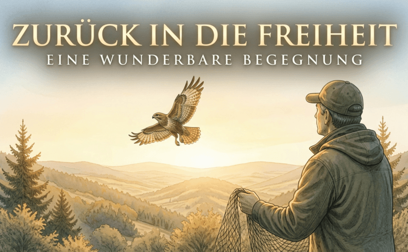 Ein Mann steht mit einem Netz in der Hand vor einer weiten Waldlandschaft, während ein Bussard in den Himmel fliegt – Symbol für die Rückkehr in die Freiheit und eine wunderbare Begegnung mit der Natur.“