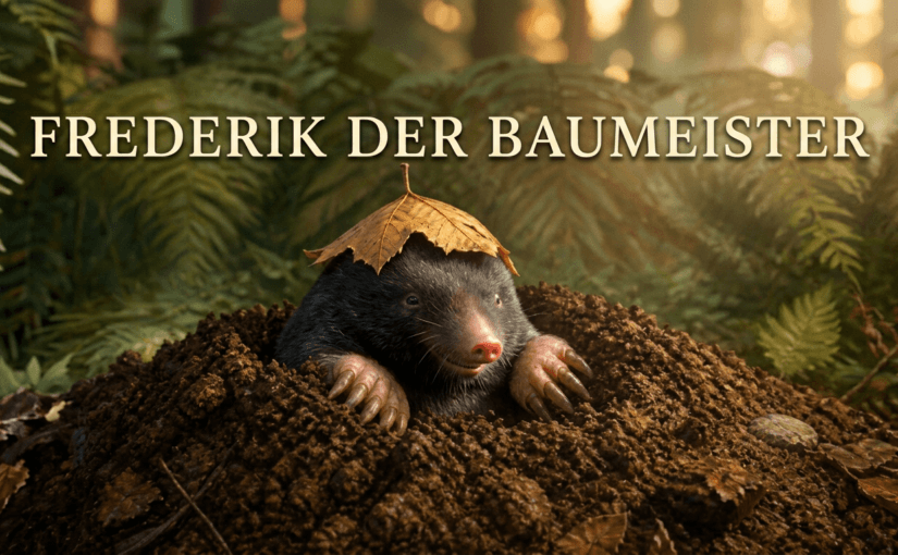 Ein Maulwurf mit dunklem Fell und rosa Nase schaut aus einem Erdhügel hervor. Auf seinem Kopf liegt ein braunes Blatt wie ein Hut. Im Hintergrund sind Farnblätter und warmes Sonnenlicht im Wald zu sehen.